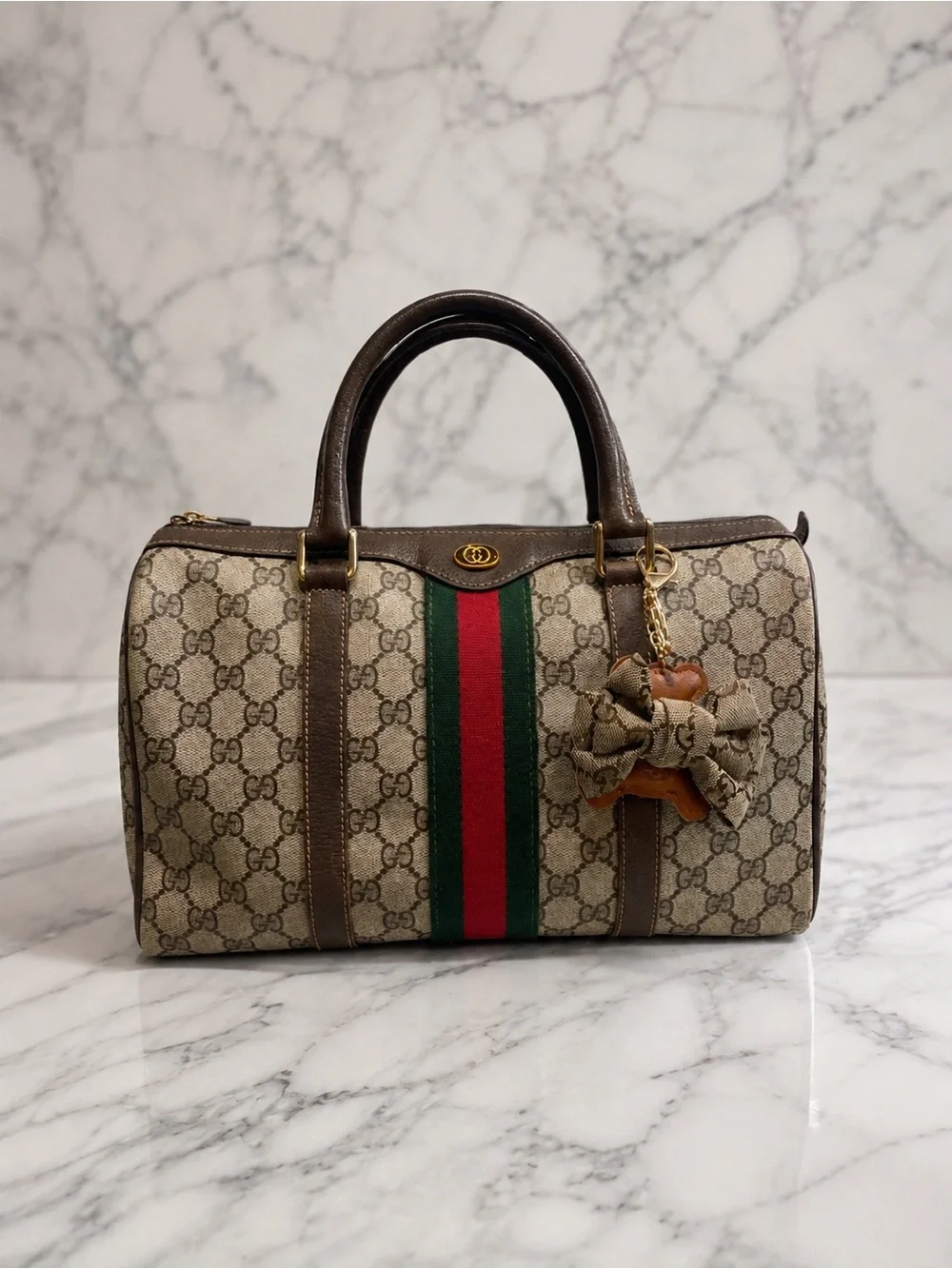 Authentic Gucci Supreme Sherry Web Boston Bag Brown Excellent Condition
